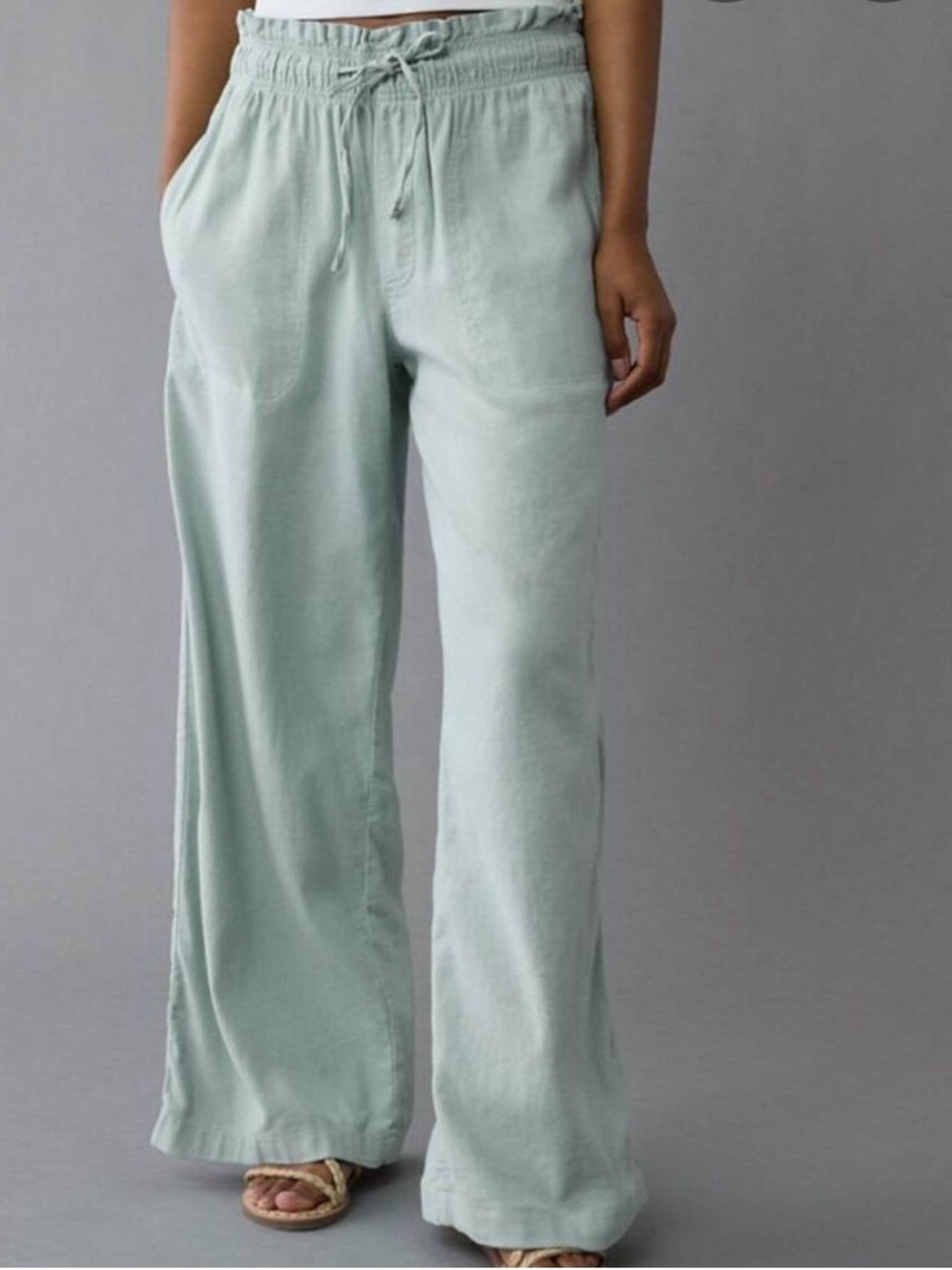 NWOT American Eagle Linen Blend Wide Leg Pants Sage Green Elastic Waist Size S - Picture 2 of 16